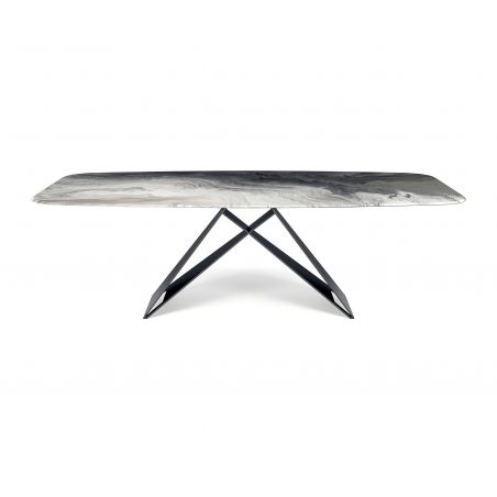 Premier Crystalart, mesa de comedor con base en acero y con sobre en cristal con impresión decorativa