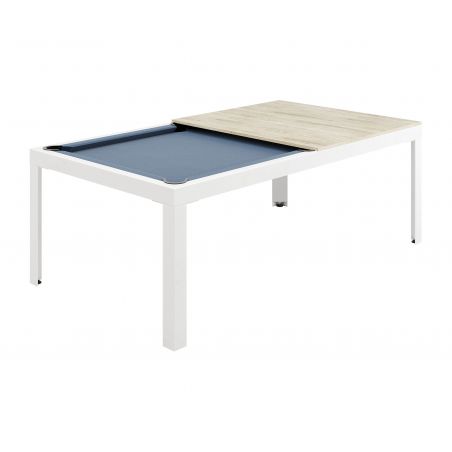 Conver-Table con estructura en blanco, sobre en Roble Natural y paño de juego Simonis Azul Pálido