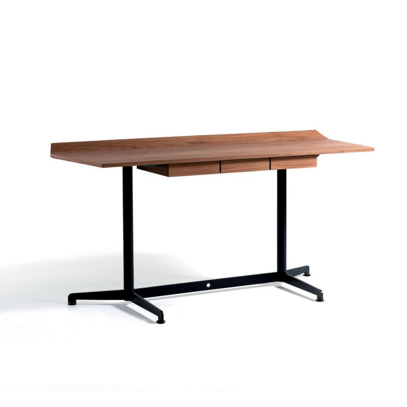T90S, escritorio con superficie perfilada y curvada, 3 cajones de madera maciza de nogal canaletto con tirador empotrado T90S, escritorio con superficie perfilada y curvada, 3 cajones de madera maciza de nogal canaletto con tirador empotrado