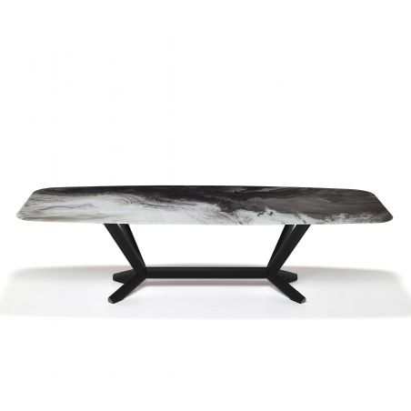 Planer Crystalart, mesa de comedor con base en acero barnizado y sobre en cristal con impresión artística decorativa