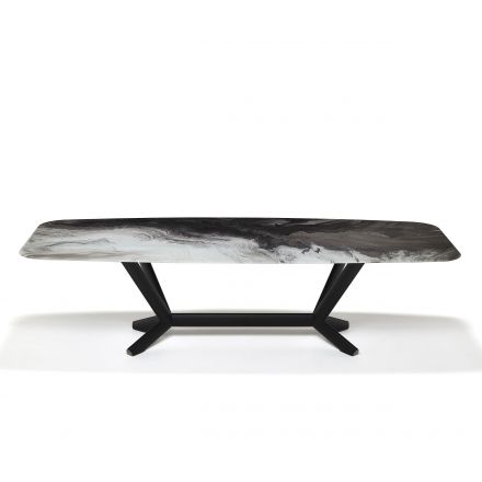 Mesa de comedor con base en acero barnizado y sobre en cristal con impresión artística decorativa